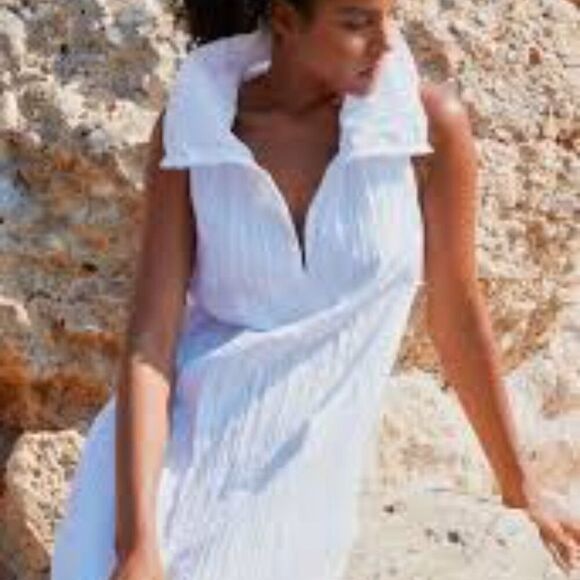 OZAI N KU White Sleeveless Crinkle Cotton Blend Maxi Dress MED - Picture 1 of 8